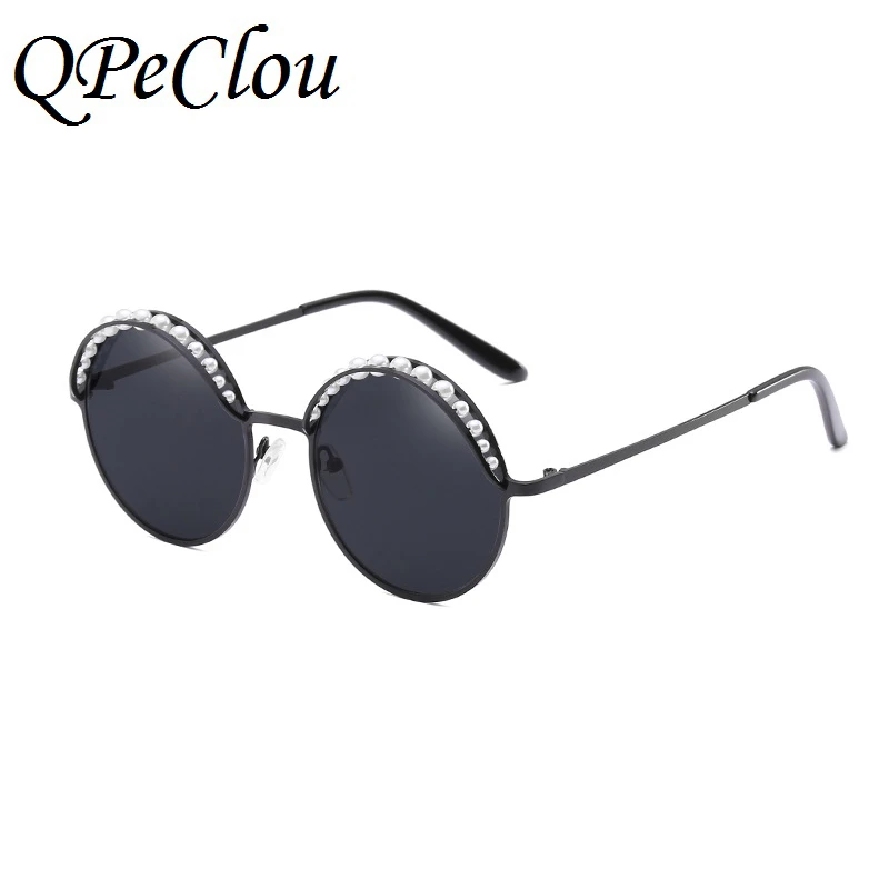 QPeClou, Ретро стиль, круглые солнцезащитные очки, женские,, роскошные, брендовые, дизайнерские, жемчуг, солнцезащитные очки, женские, зеркальные очки, Oculos Gafas - Цвет линз: Black Gray0444