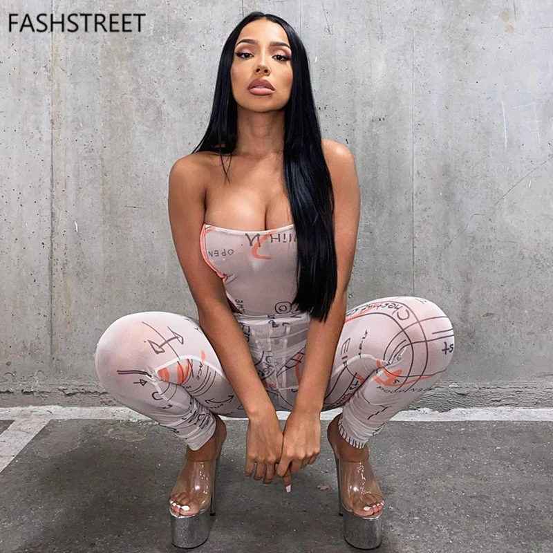 

FASHSTREET Sexy Graphic Printing Mesh See Through Jumpsuits Women Street Slash Neck Backless Stretch Two Piece Outfits Rompers
