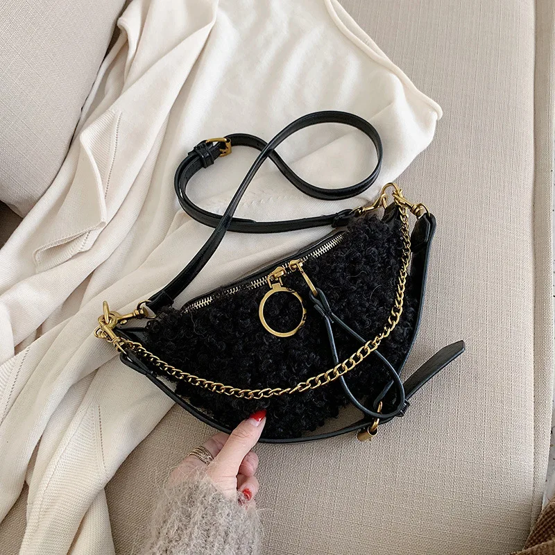 

Plush Small CK Bag Women's 2019 Autumn And Winter New Style Korean-style Chain Hand Saddle Bag Broadband Shoulder Chest Pack Bag