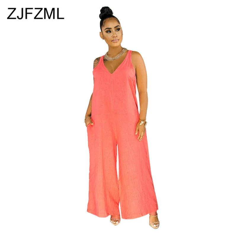 

Plus Size Loose Rompers Womens Jumpsuit Summer Deep V Neck Sleeveless Wide Leg Bodysuit Casual Female Solid Full Length Playsuit