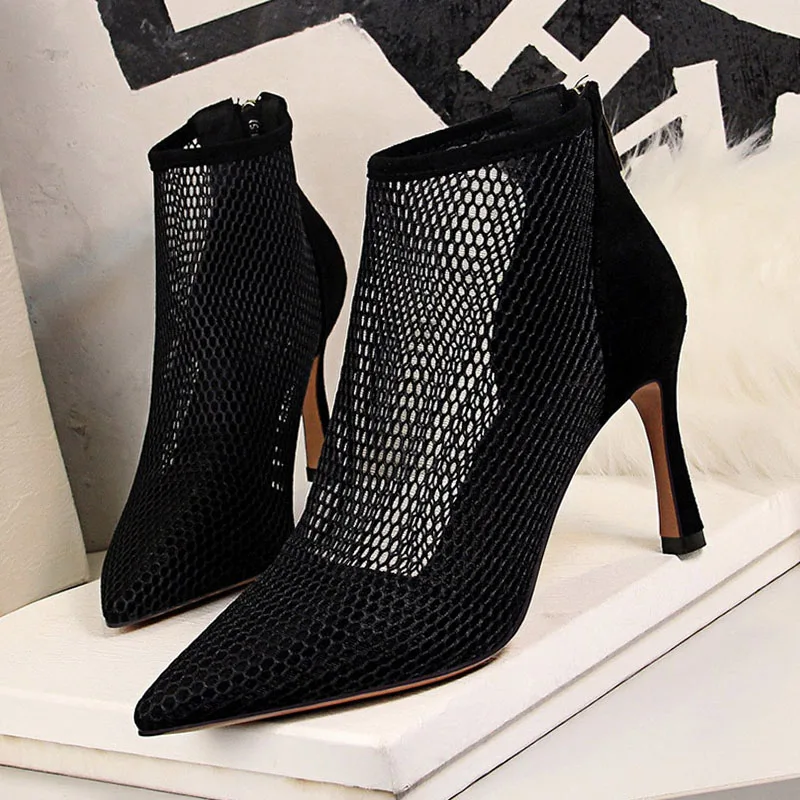

New Ladies Shoes Sexy High Heels Stiletto Party Women Pumps Fashion Pointed Shoes Suede Mesh Hollow Out Ankle Boots Women Heels