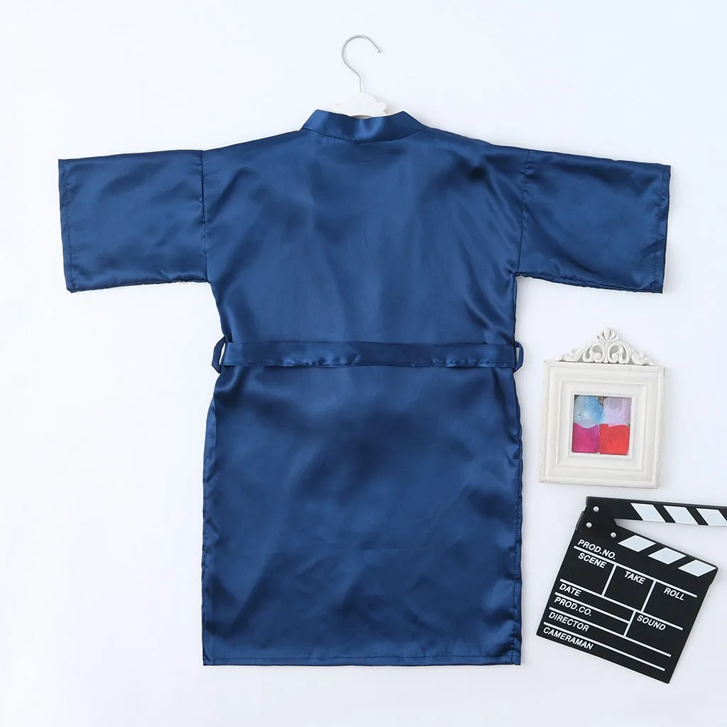 Toddler Baby Kids Girls Solid Silk Satin Kimono Robes Bathrobe Sleepwear Clothes 1PC Bathrobe+1PC Ribbons G1021