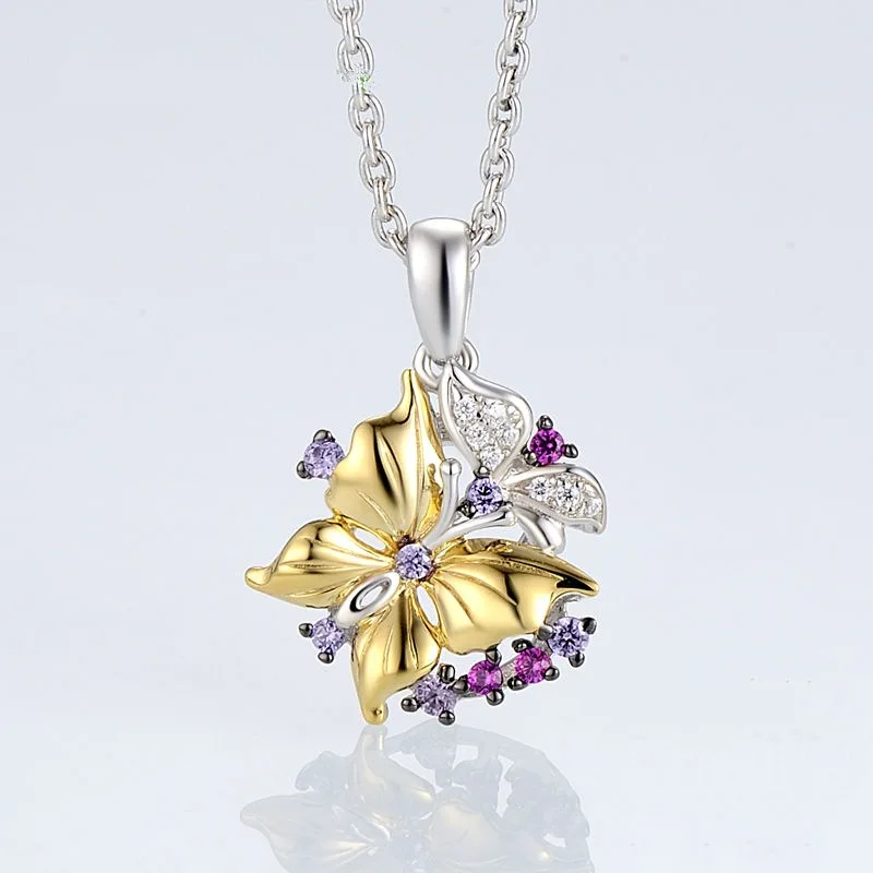Necklace Свадебный изысканный ювелирный набор из золота двух цветов кубический циркон бабочка кулон цепочка для колье ожерелье шпилька Комплект сережек для женщин - Окраска металла: Necklace
