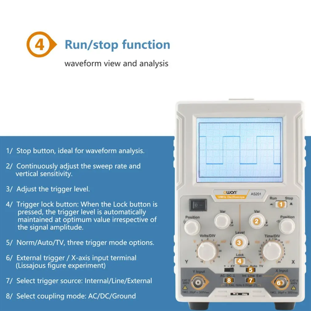 OWON AS201 20 МГц 100 мс/с одноканальный ЖК-цифровой осциллограф, осциллоскоп Norm/Auto/tv Run/Stop