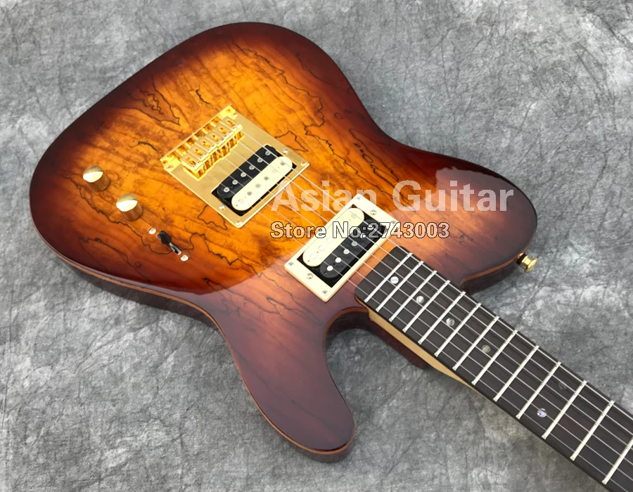 ACEPRO электрогитара с Spalted Maple top, коричневый цвет взрыва, 2 хамбакера звукосниматели, золото Гровер тюнеры, Абалон Точки инкрустация