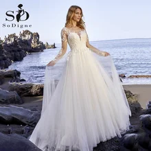 

SoDigne Princess Wedding Dresses Country Scoop Neck A Line Boho Lace Appliques Beach Long Sleeves Muslim Arabic Bride Gowns