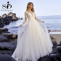 SoDigne Princess Wedding Dresses Country Scoop Neck A Line Boho Lace Appliques Beach Long Sleeves Muslim Arabic Bride Gowns