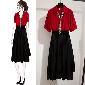 

Tie Half Puff Sleeve Solid OL Blouse Shirt Swing irregular Long Skirt Two Piece Casual Pleated Suits Dress