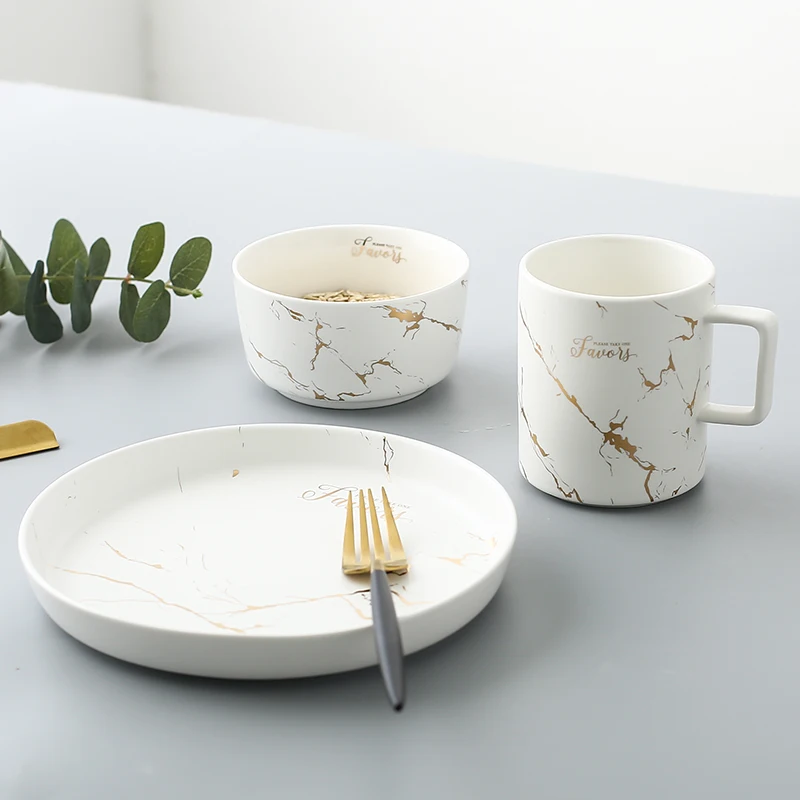 Белое и черное золотистое круглое золото тактный керамический набор обеденных тарелок фарфор столовая посуда миска для рисового супа блюдо украшение дома