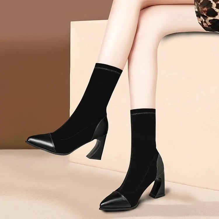 winter wild pointed British wind boots ladies thick with bare boots color matching high heel boots women pu boots