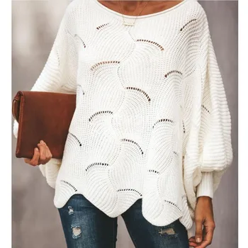 

Lugentolo Sweater Women Autumn and Winter New Hollow Hook Flower Loose Bat Sleeve Round Neck 8 Color Plus Size