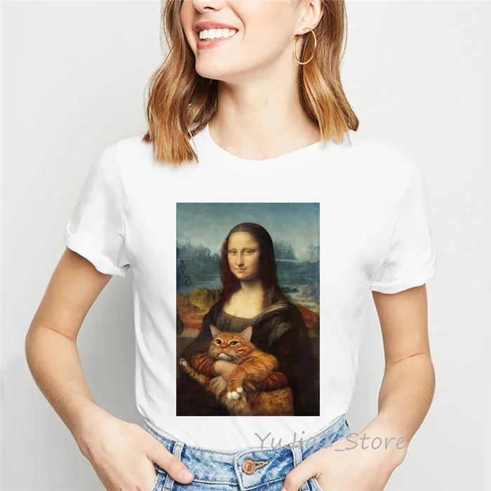 Y808121 Ropa mujer Mona Lisa and her cat футболка с рисунком для женщин плюс размер vogue Забавные футболки femme летние топы женская футболка - Цвет: Y808121