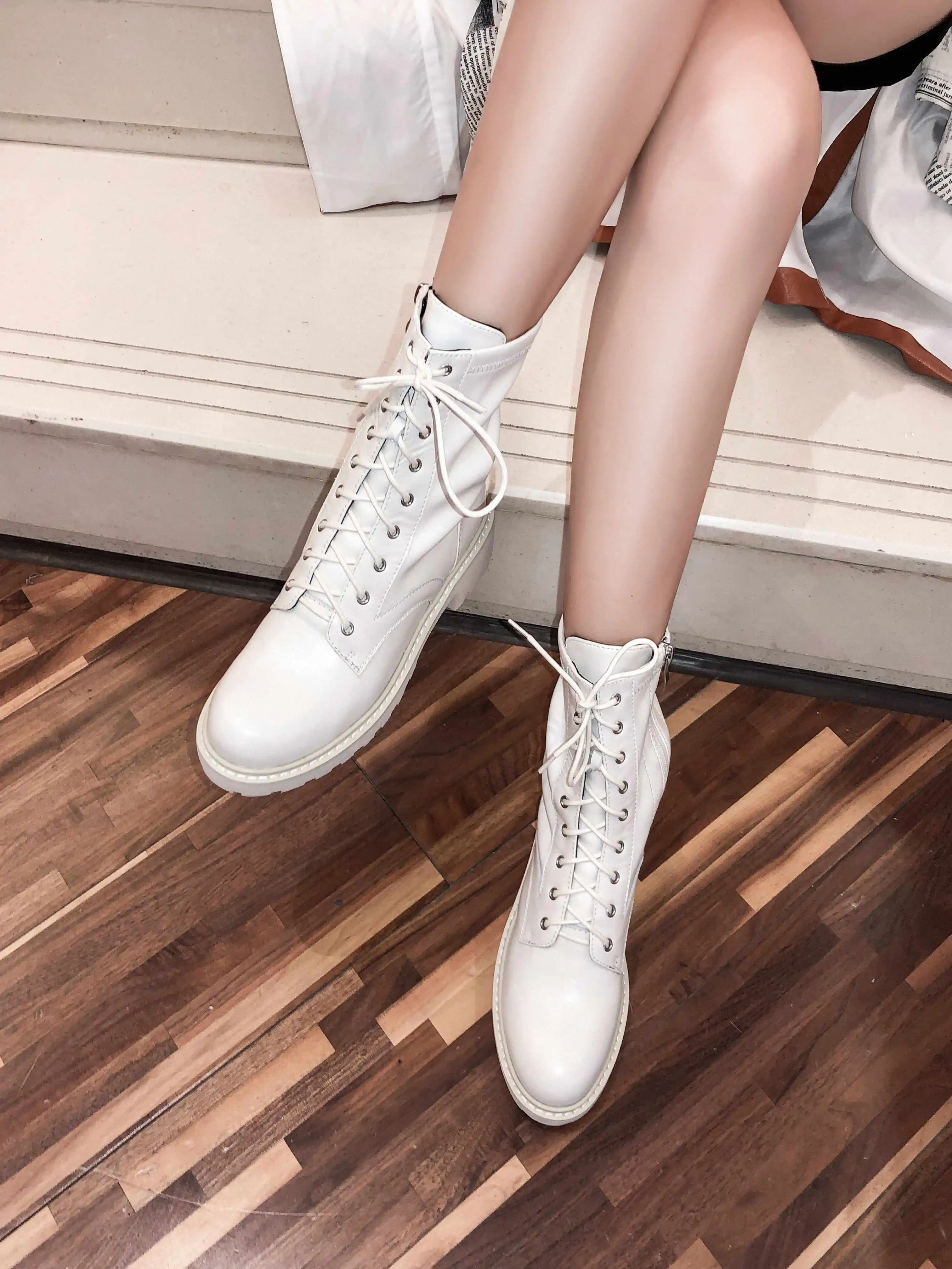 Lenkisen classic British lace up genuine leather round toe med heels fashion basic women winter keep warm mid-calf boots L73