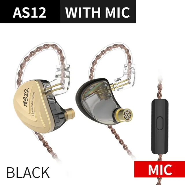 KZ AS12 6BA приводные устройства в ухо наушники 6 сбалансированный арматурный HIFI Мониторинг наушники гарнитура наушники KZ AS16 AS10 ZS10 CCA C16 - Цвет: gold with mic