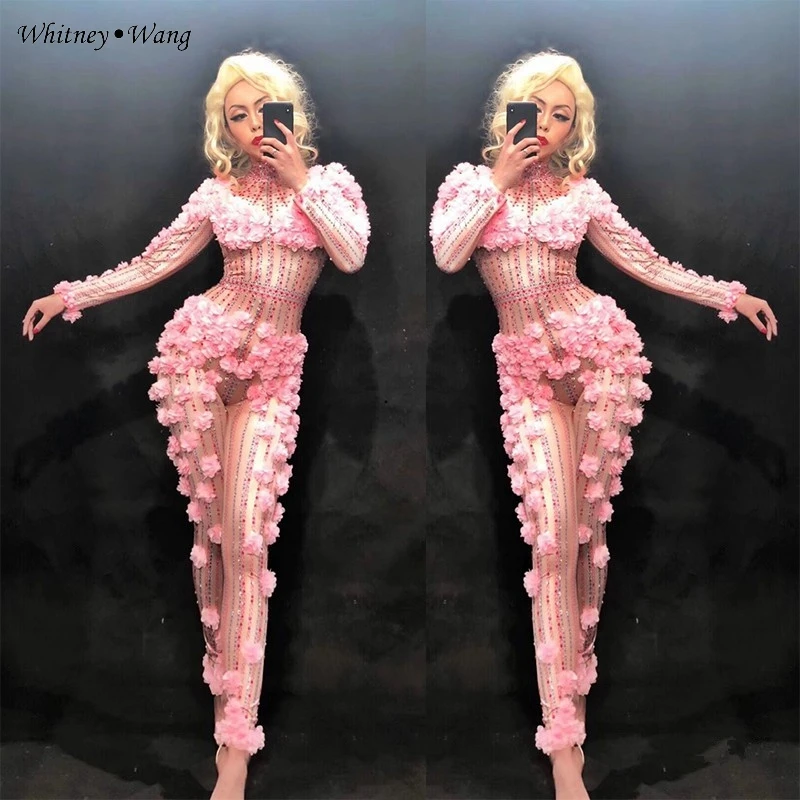 WHITNEY WANG 3D Цветочные Стразы комбинезон женский певец танцор костюм вечерние платья сценическое шоу одежда