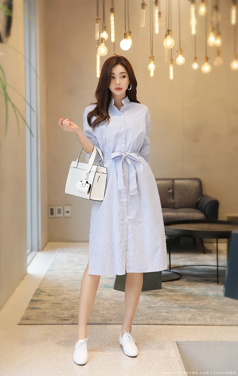 Blusas mujer de moda шифоновая блуза с длинным рукавом в синюю полоску Повседневная Длинная блуза Женские топы женские топы и блузки C353