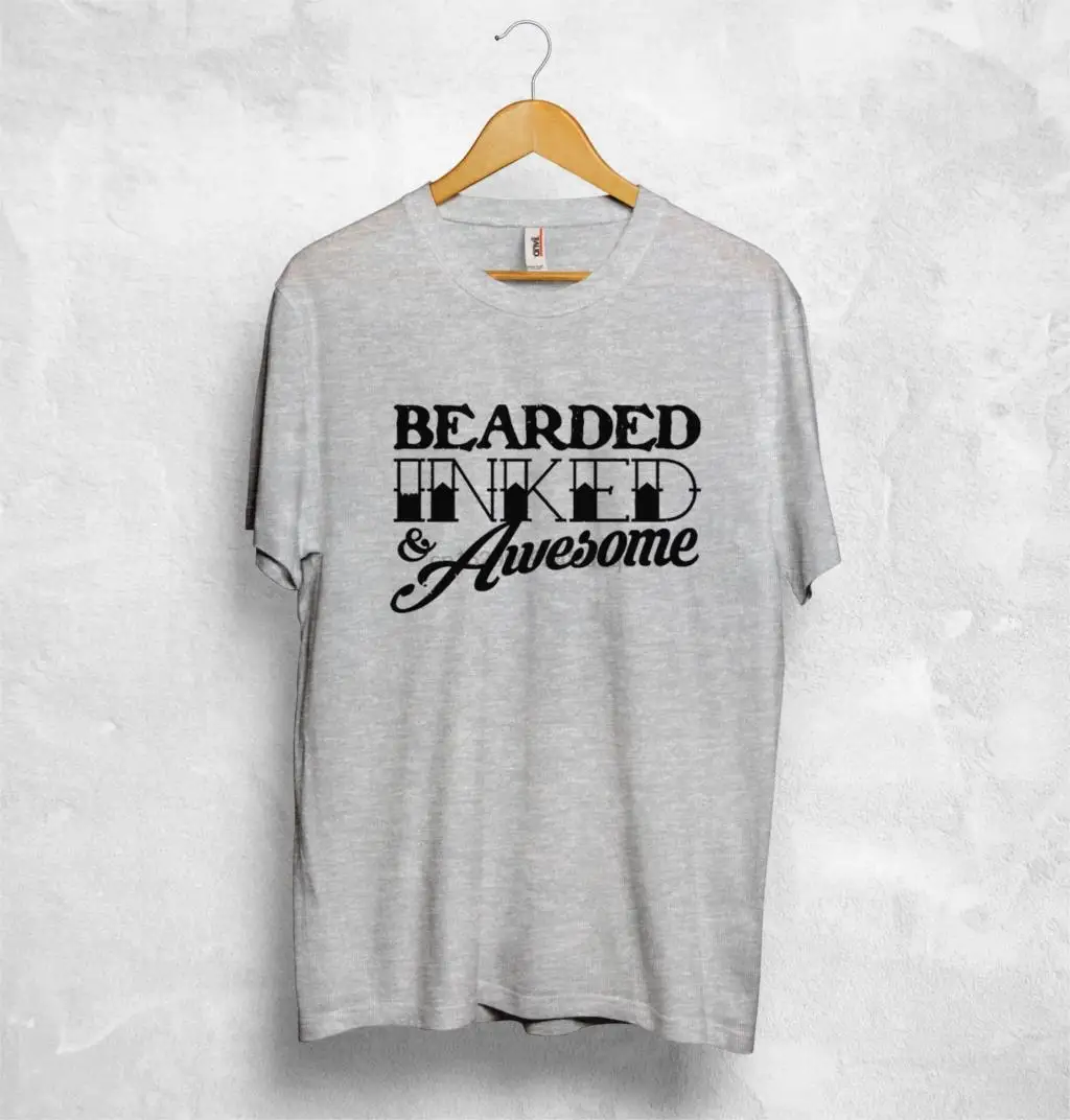 Bearded Inked Awesome T Shirt Beard Boyfriend Husband Hubby Gift Tattoo Barber Comfortable t shirtCasual Short Sleeve TEE | Мужская