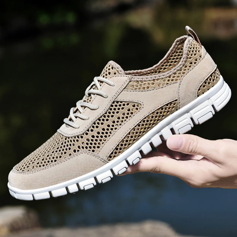 

Summer New Outdoor Men Shoes Big Size Pigskin+Mesh Sneakers Soft Breathable Walking Shoes Brand Fashion Casual Sports Trainers