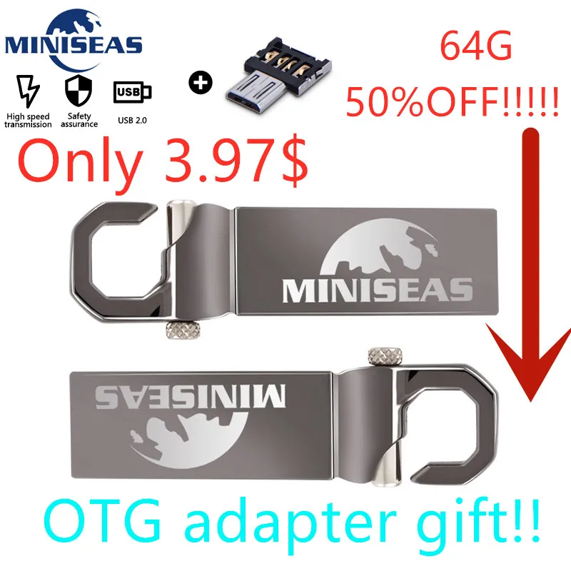 Usb флеш-накопитель Miniseas 64 ГБ matel водонепроницаемый серебристый usb-накопитель с
