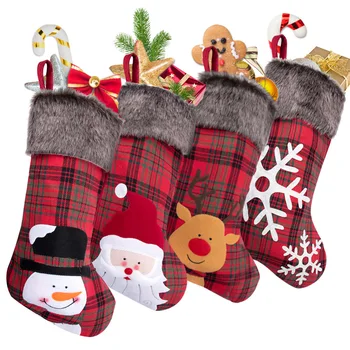 

4pcs Christmas Stockings 18 inches Large Size Sack Buffalo Plaid Xmas Stockings for Family Camping Holiday Season Decor