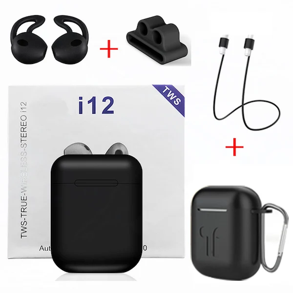 Black - Black Cases I12 TWS, оригинальные беспроводные Bluetooth наушники, беспроводные, авто сопряжение, спортивные наушники с наушниками, аксессуары для i7s i10 TWS - Цвет: Black - Black Cases