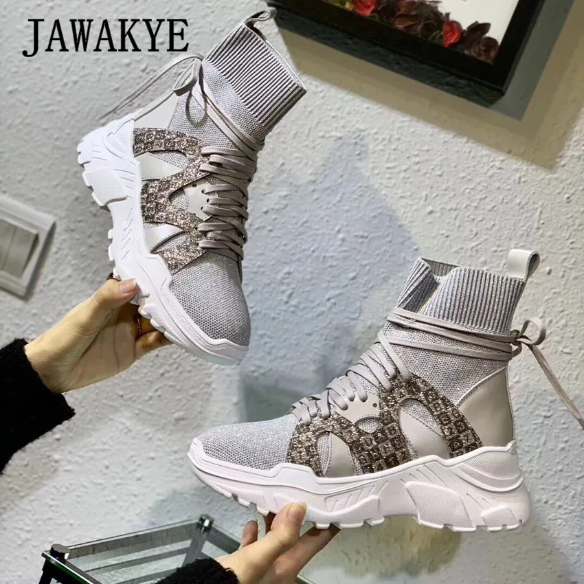 JAWAKYE/вязаные носки на шнуровке; ботильоны; женская обувь на эластичной платформе; сезон осень; Цвет черный, бежевый; женские повседневные короткие ботинки; botas mujer