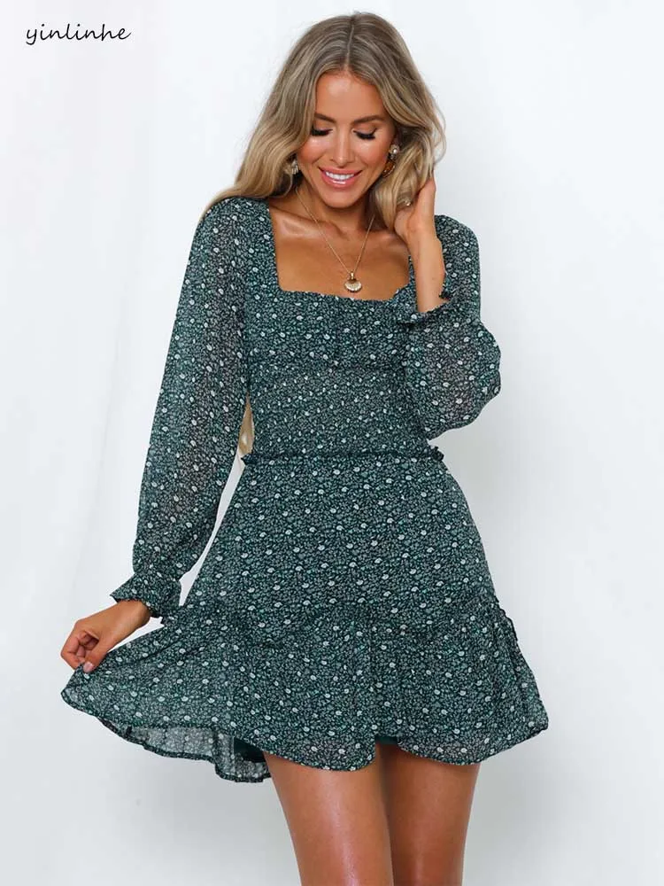 

yinlinhe Elasticity Waist Green Women Chiffon Dress Long Sleeve Spring Dress Transparent Red Slim Holiday Ruffles Vestidos 1287