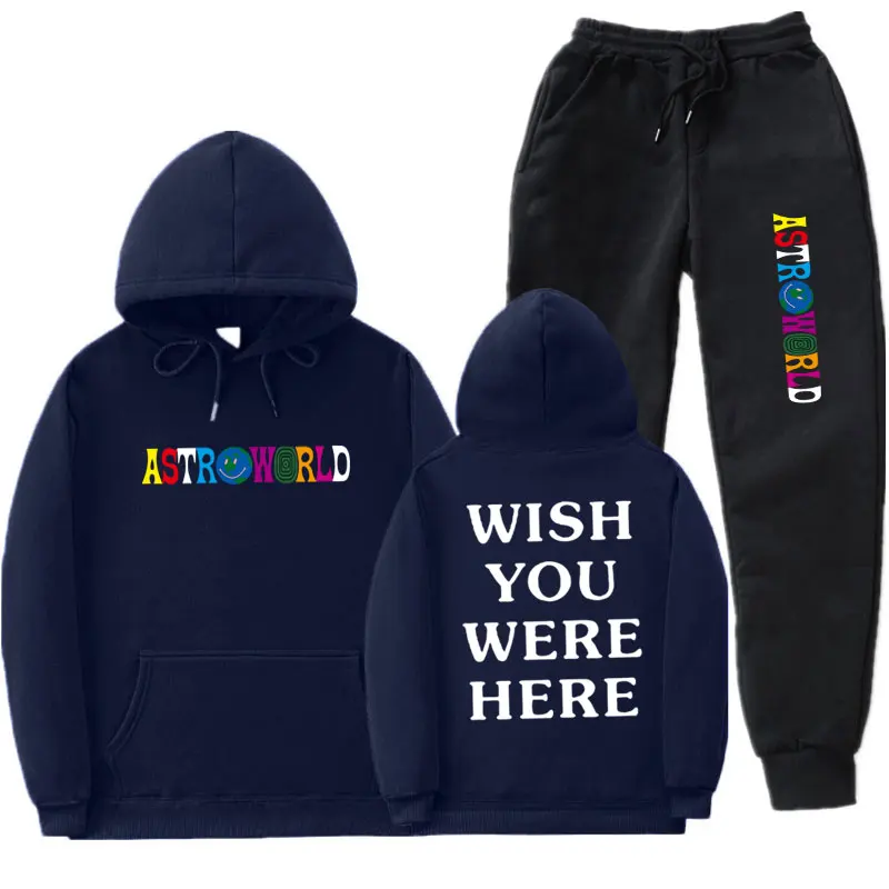 Трэвиса Скотта ASTROWORLD WISH YOU WAS HERE толстовки Наборы для мужчин и женщин уличная флисовая толстовка+ спортивные штаны наборы размер S-XXL - Цвет: Navy MK68