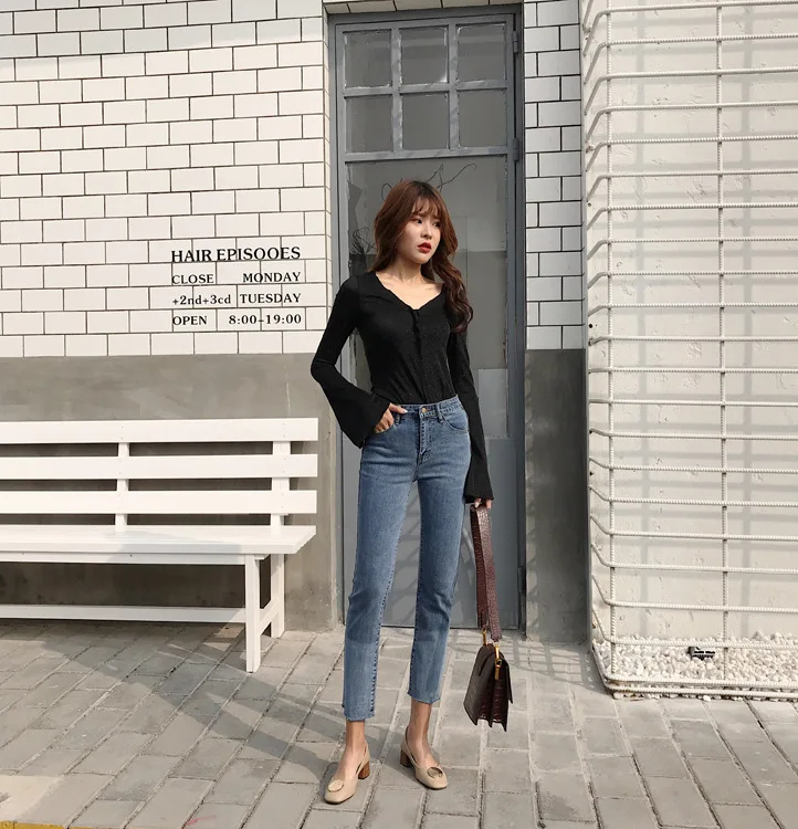 Лето, Ulzzang Wind, обтягивающие, вареные брюки, градиентные, цветные, ковбойские, длиной до щиколотки, штаны с высокой талией, тянущиеся, рваные, с краями, Penc