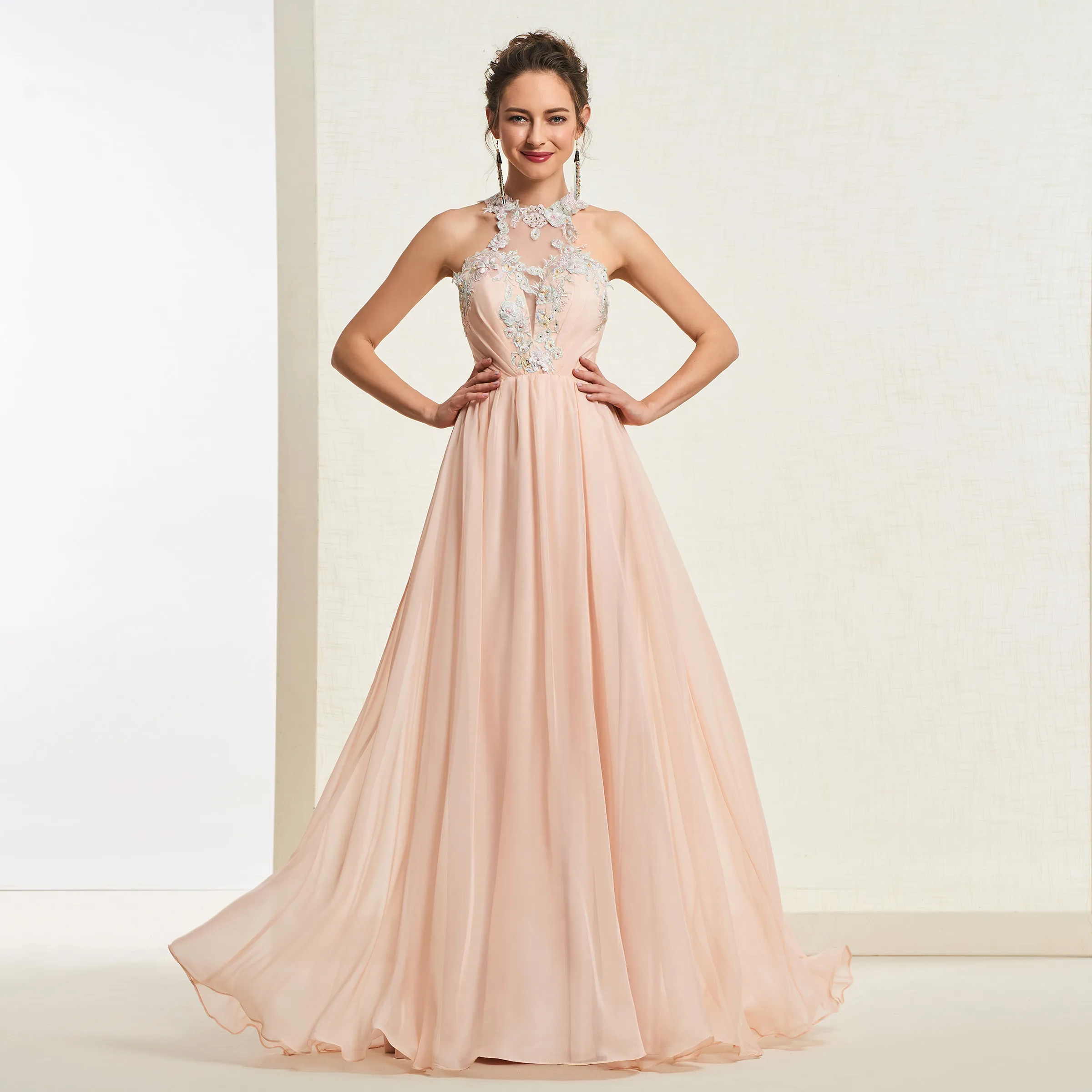 Dressv телесного розового цвета платье для выпускного вечера с глубоким декольте трапециевидной формы без рукавов с аппликацией бисером и пуговицами для свадебной вечеринки
