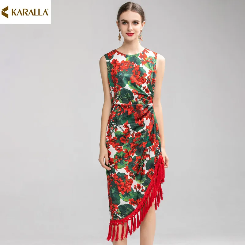 High quality New Fashion Runway 2020 Designer irregular dress summer women's elegant round neck slim print H1539 | Женская одежда