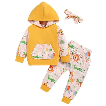 

New Born Baby Girl Clothes 3Pcs Set Floral Printed Hooded Sweatshirt And Pant With Headband Casual Newborn Kids Clothing D30