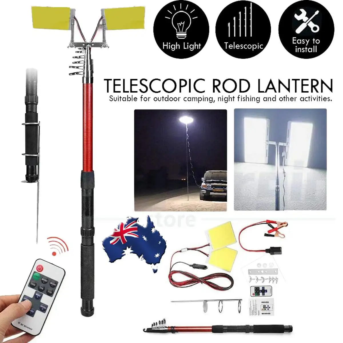 

12V 2*96W Telescopic Fishing Lamp Car Rod Light LED Camping Lamp Remote Controller Car Lantern