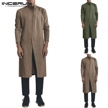 

INCERUN Men Shirt Cotton Stand Collar Button Long Sleeve Vintage Irregular Long Shirts Men Muslim Indian Clothing Tops 2020 5XL