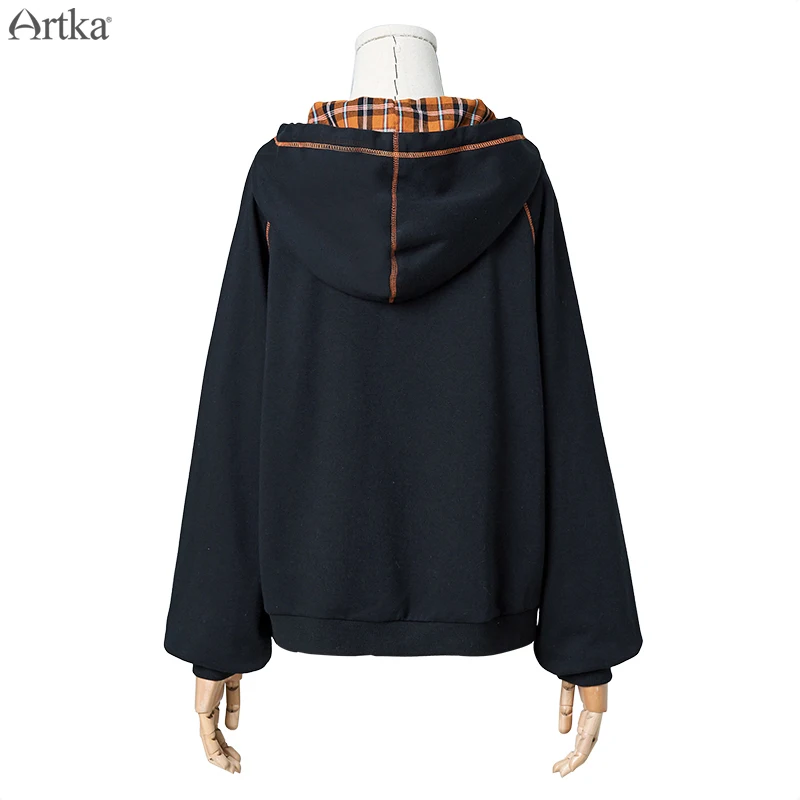 ARTKA 2019 Autumn Winter New Women Hoodies Fashion Black Simple Sweatshirt Loose Casual Pullover Hooded Sweatshirt VA10590Q