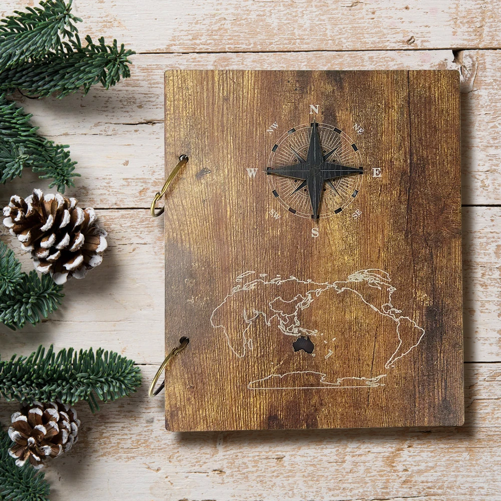

4X6 Inch Photo Album Nautical Element Compass and Map 120 Photos Wooden Cover Photo Book