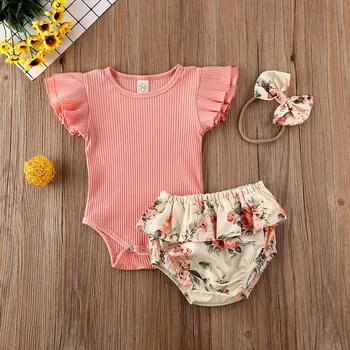

Baby Summer Clothing Infant Newborn Baby Girl 0-18M Ruffled Ribbed Bodysuit Floral Shorts Headband 3Pcs Set