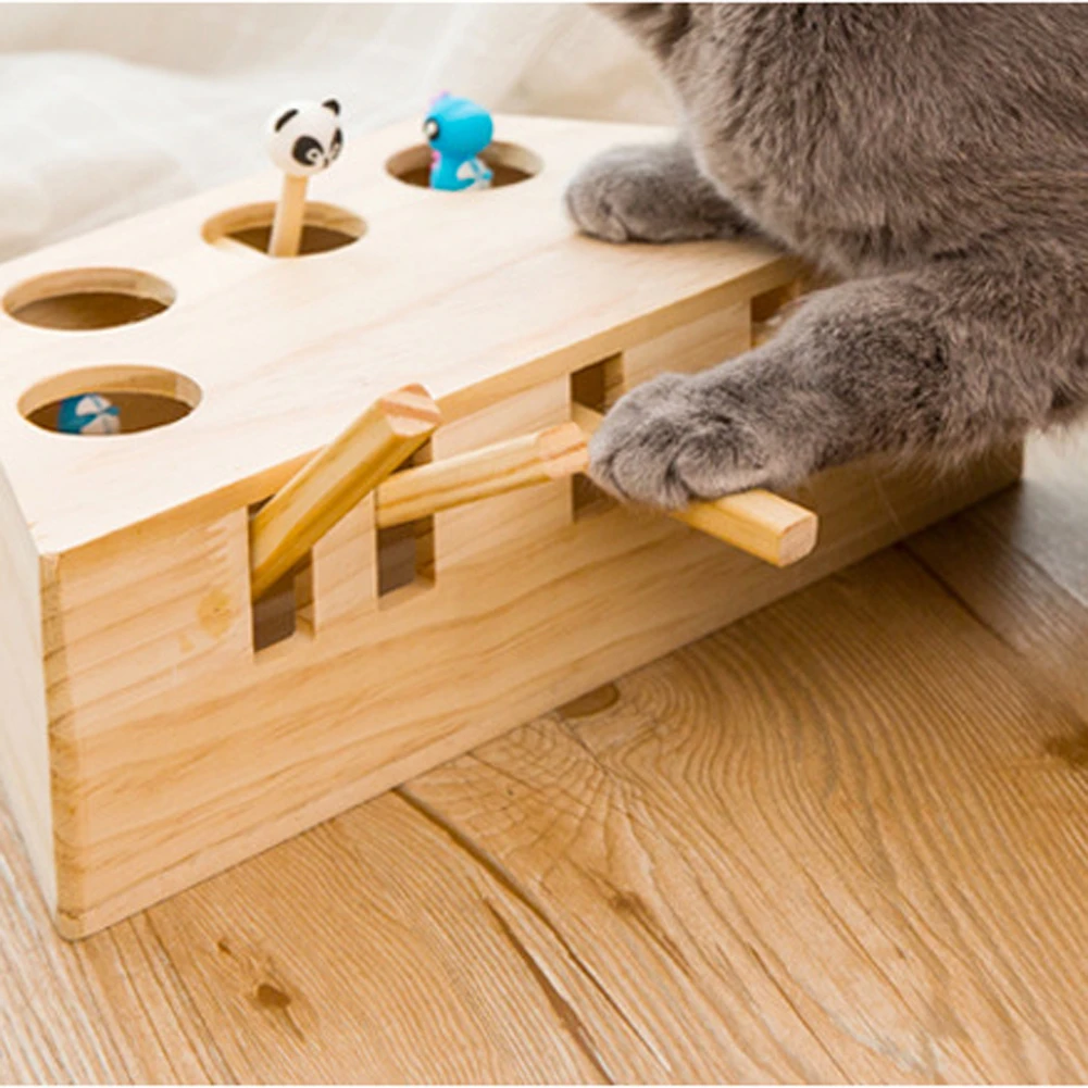 

Cat Hunt Toy Chase Mouse Solid Wooden Interactive Maze Pet Hit Hamster With Holed Mouse Hole Catch Bite Catnip Funny Cat Toy