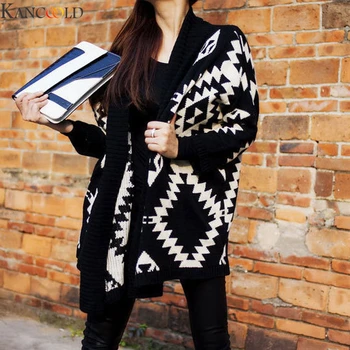 

KANCOOLD Women long kimono Knitted Cardigans Coat Black And White Pattern Long Sleeve Pullover Coat Jumper High Quality New