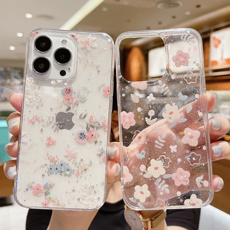 Shining Glitter Star Flowers Case For Iphone 13 12 11 Pro XS Max Mini X XR 7 8 Plus SE2020 Ultra-thin Transparent Soft Tpu Cover 13 pro max case