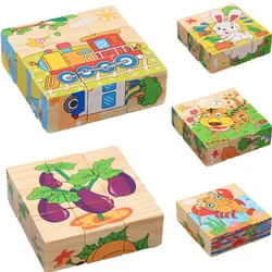 Quebra cabeça infantil de 6 lados, quebra cabeça 3d de madeira com desenho de animais, brinquedo educacional para crianças, tangram, 9 peça