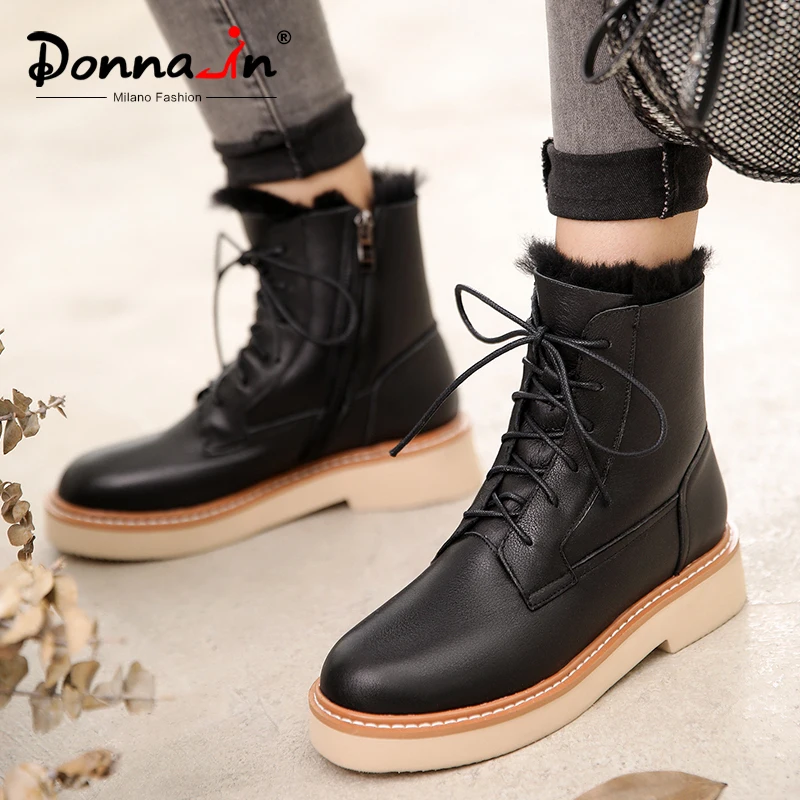 Ceny Donna in platforma kobiety zimowe buty śniegowe 2019 ciepłe futro Shearling damskie buty na obcasach prawdziwej skóry Zip gumowe botki