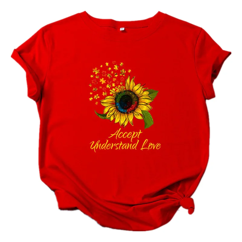 MK New Summer Sunflower Puzzle Pinted Short Sleeves Women's T-Shirt Harajuku Graphic Tops Female Tee Shirts Pure Cotton Tshirts | Женская
