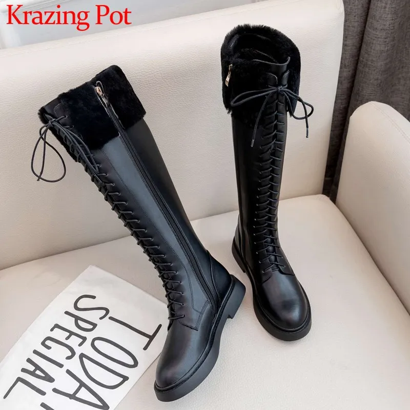 

Krazing Pot handsome black colors lambswool knight boots lace up round toe side Zip women winter keep warm thigh high boots L55