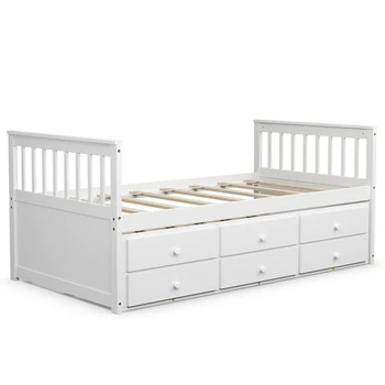 

Alternative Twin Captain's Bunk Bed Sturdy Solid Pine Wooden Frame 3 Big Built-in Drawers Smooth Casters Easy Assemble Bed