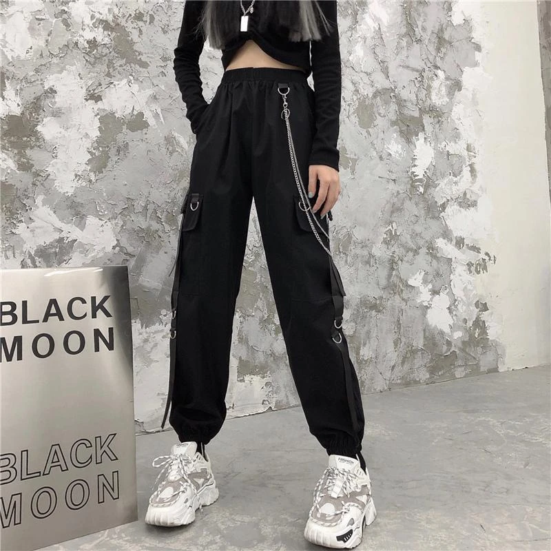 Pantalones holgados con bolsillos y cadena para mujer, pantalón informal estilo Hip Hop, Harajuku, Punk, negro y gris|Pantalones y capri| - AliExpress