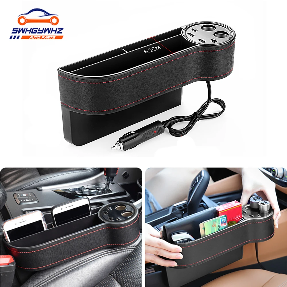 1x Car Front Left Seat Storage Box LED Light USB Charger Seat Gap Case Pocket 