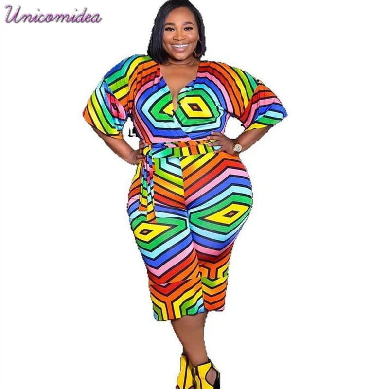 

Tie Dye Striped Jumpsuits Plus Size Elegant Vintage Women V-Neck Jumpsuit Loose Playsuit Jogging Harem Pants Baggy Trouser 2019