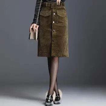 

Women Corduroy Pencil Skirts Vintage Style autumn Winter spring high waist Skirts Female Solid Slim Single-breasted Skirts r2282