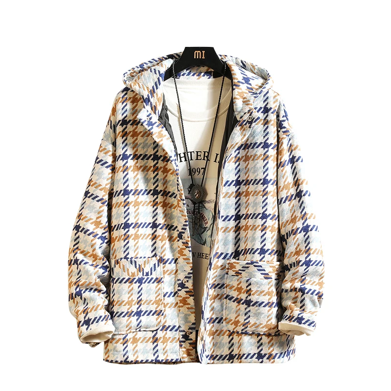 

2019 autumn long wool jacket Plaid windbreaker hooded coat casual mens overcoats